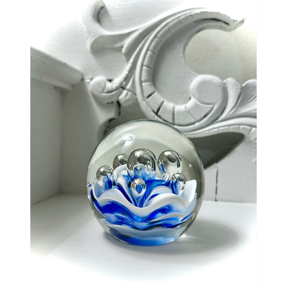 VTG Art Glass Paperweight – Cobalt Blue with Bubbles & Wavy Design — 2.5 inches